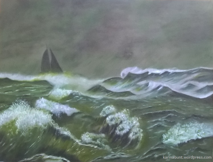 stürmisches Meer mit Segelboot am Horizont