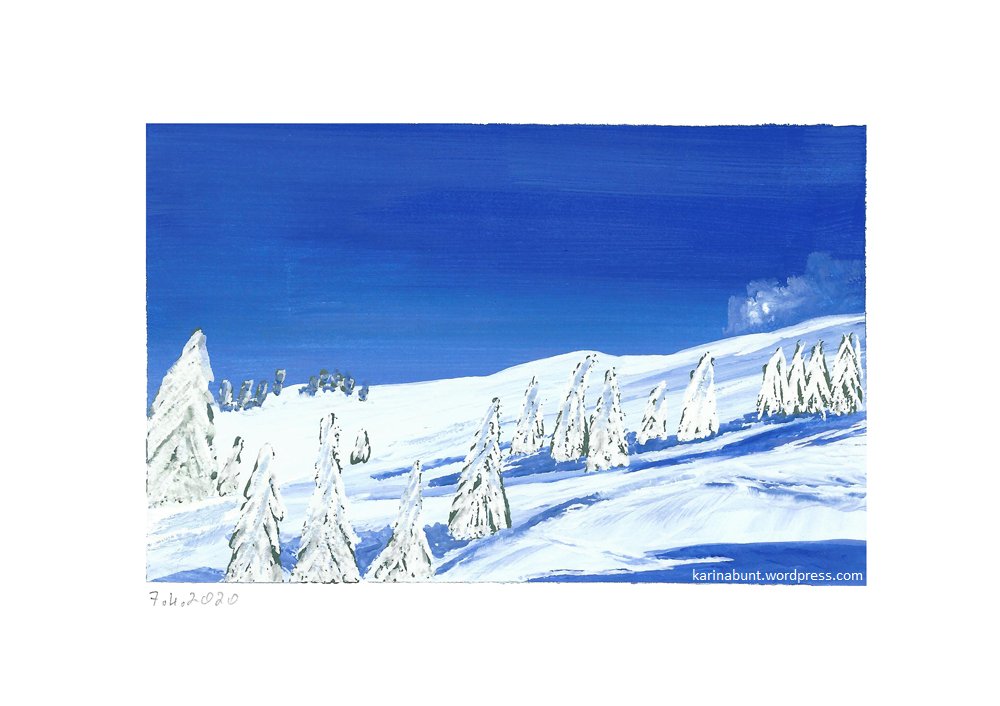 verschneiter Berghang mit vereinzelten Nadelbäumen