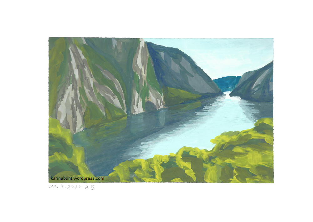 Fluß mit Bäumen und Felsabhängen