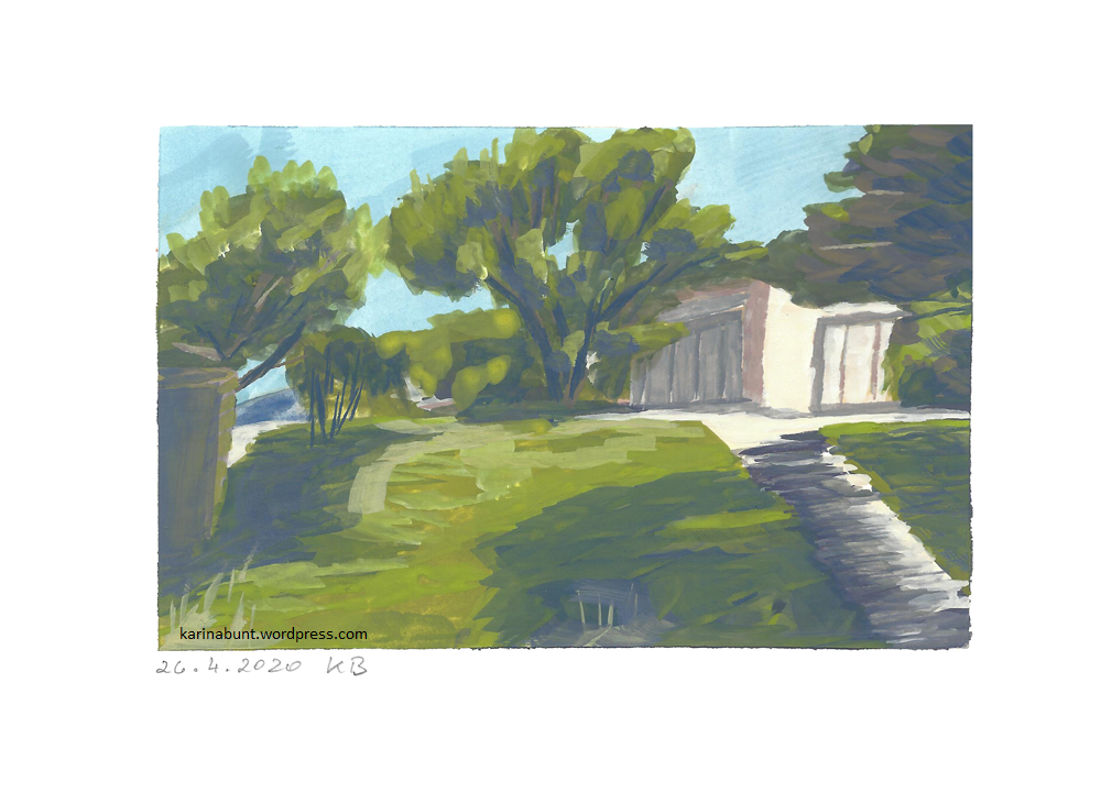 Wiese mit Bäumen, Haus im Hintergrund