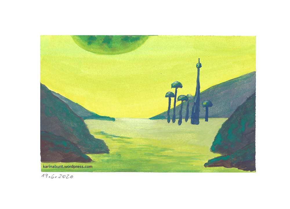 Landschaft auf einem fernen Planeten, kleine Stadt im Hintergrund und großer Mond am oberen Bildrand zu sehen