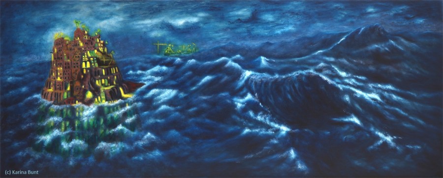 Turmbau zu Babel mit unheimlich grün leuchtenden Fenstern versinkt in stürmischen Fluten des Klimawandels. Selbstüberschätzung und Technikgläubigkeit der Menschheit rächt sich im drohenden Untergang