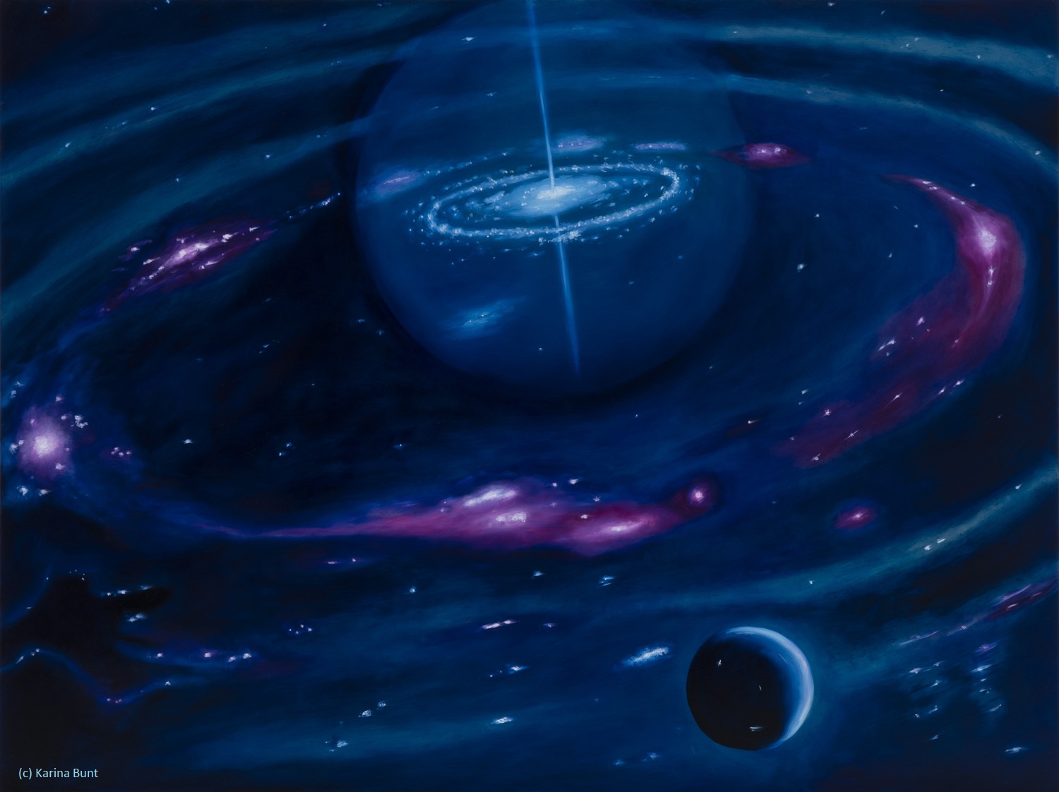 unendliche Weiten II, Weltall, Planetensystem, dunkles All, rosa leuchtende Materie-Wolken, weißer Zwerg im Schatten