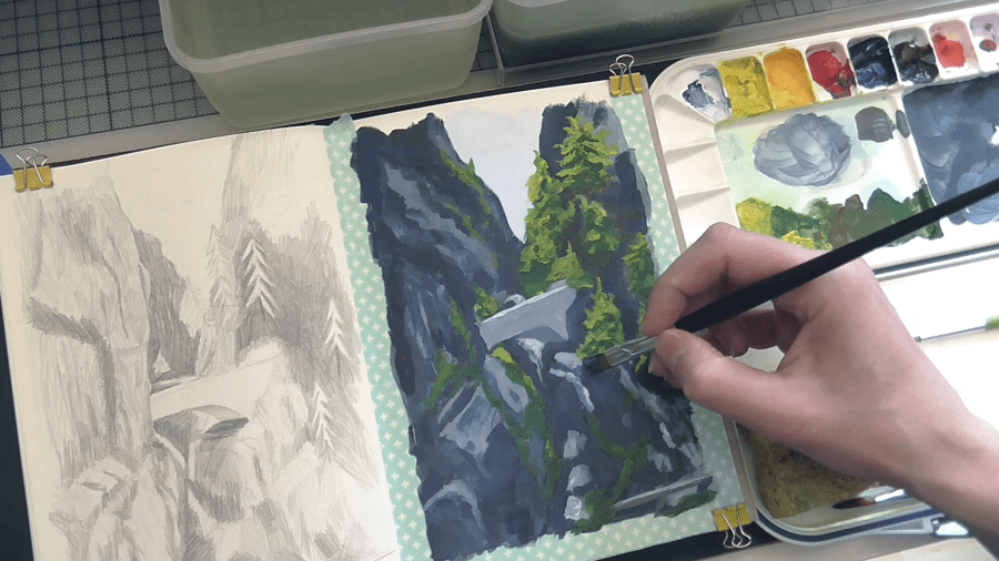 Darstellung einer finsteren, steilen Schlucht mit einer kleinen hellen Brücke und ein paar Bäumen und Büschen an den Hängen