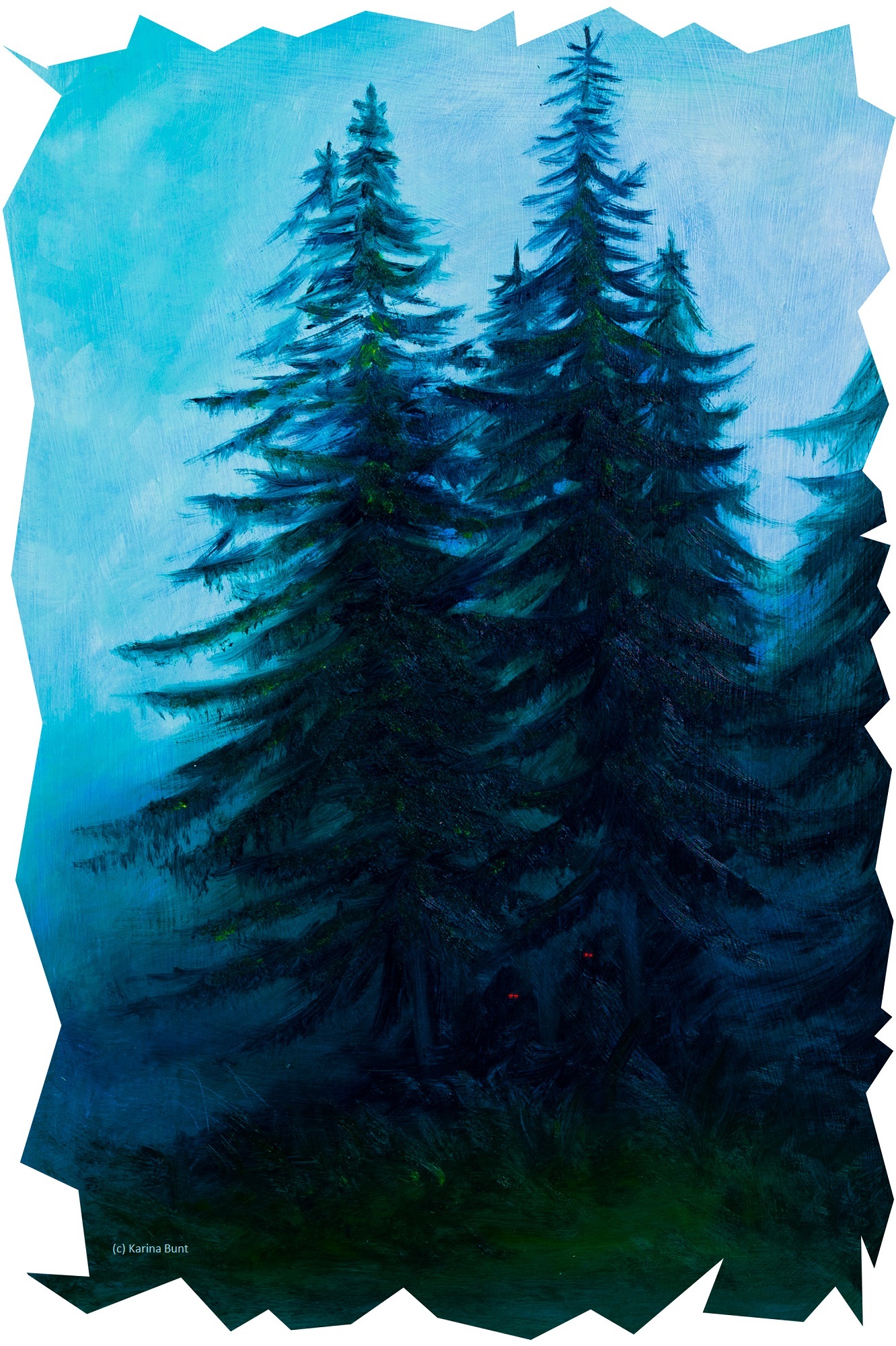 finsterer Märchenwald oder Hexenwald, mit geduckten finsteren Gestalten im Schatten unter den Bäumen