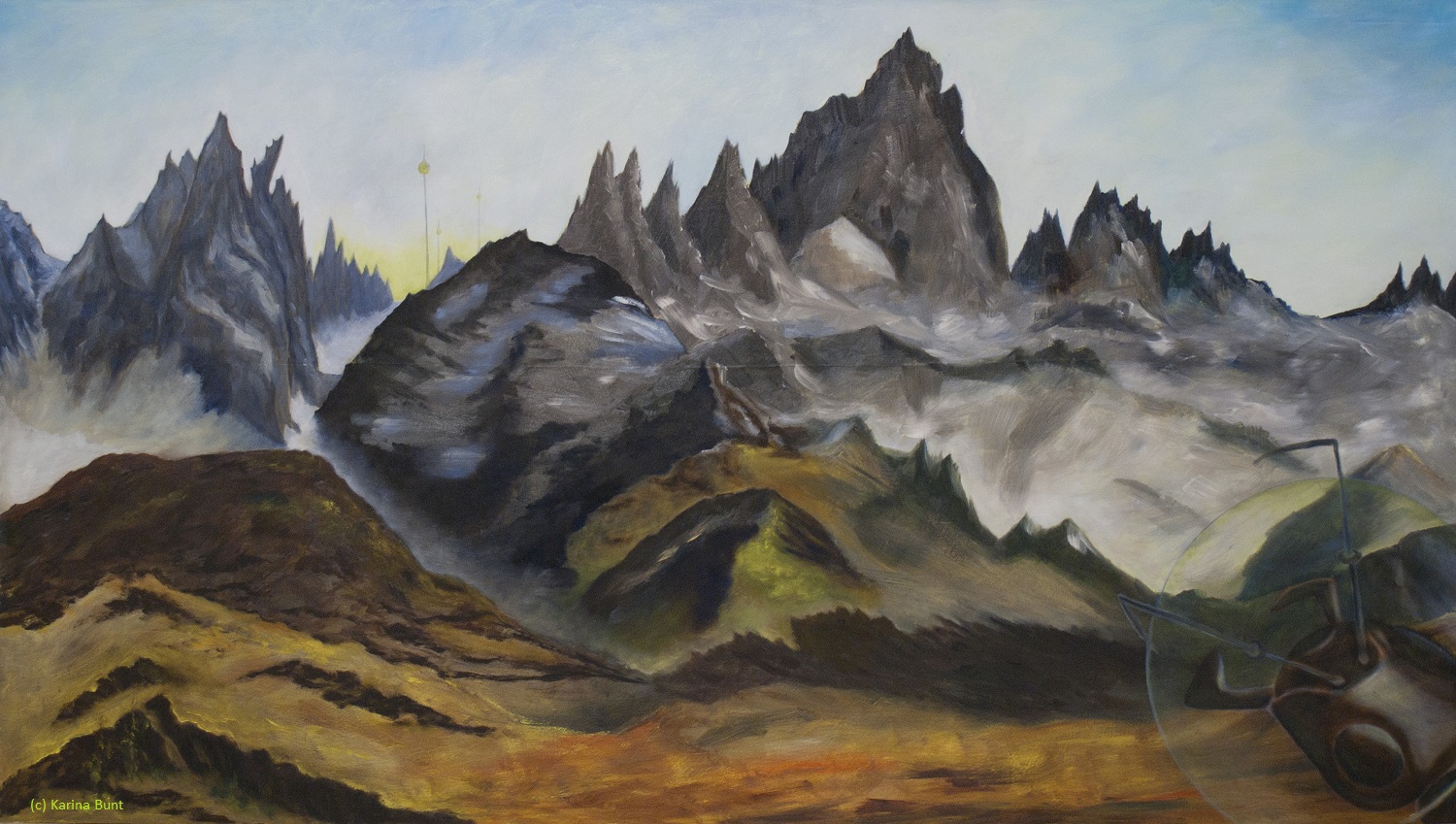 Ansicht einer entfernten Bergkette, im Vordergrund Rod, im Hintergrund eine Station